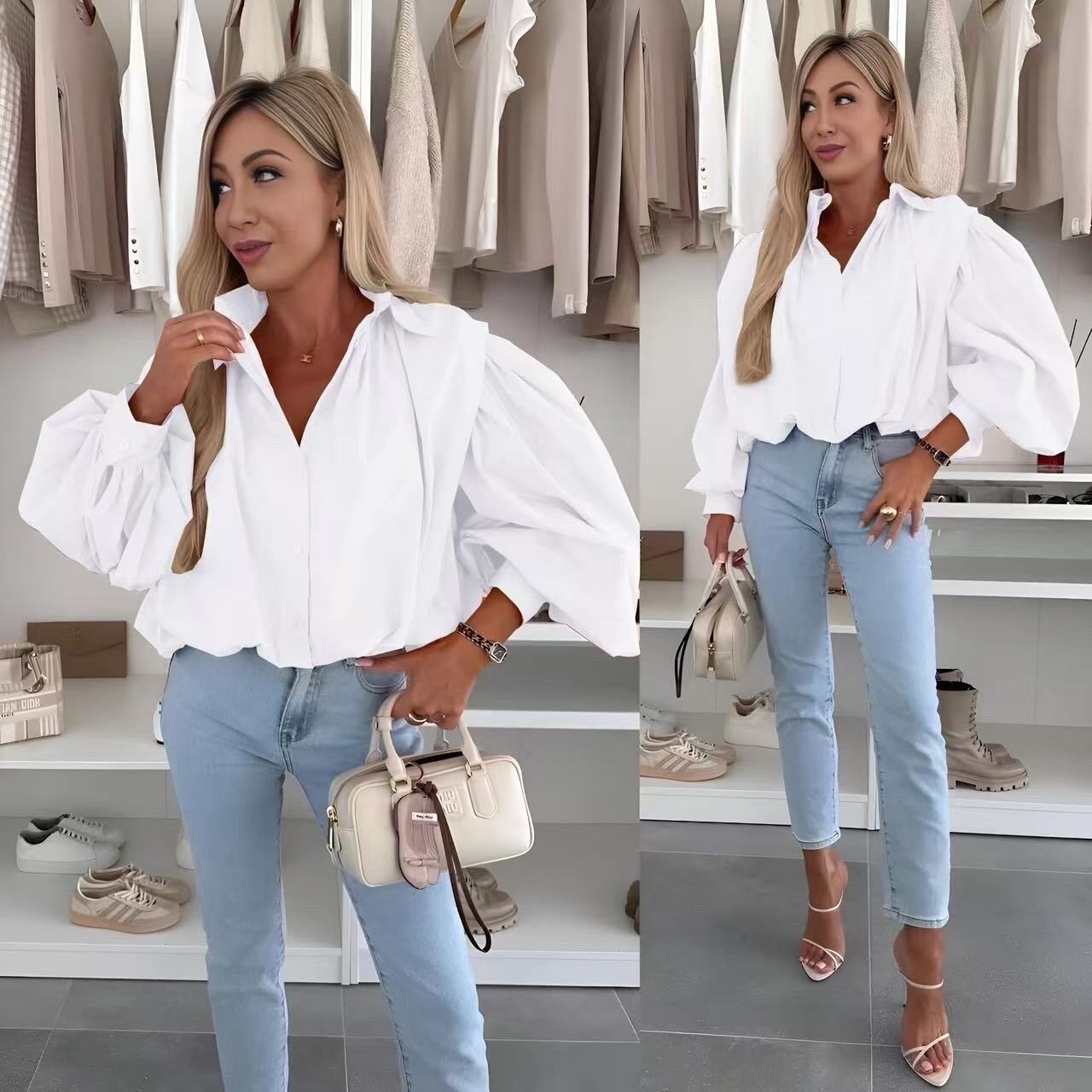 Cotton poplin puffing sleeves shirt