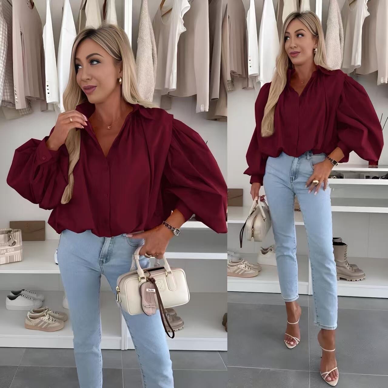 Cotton poplin puffing sleeves shirt