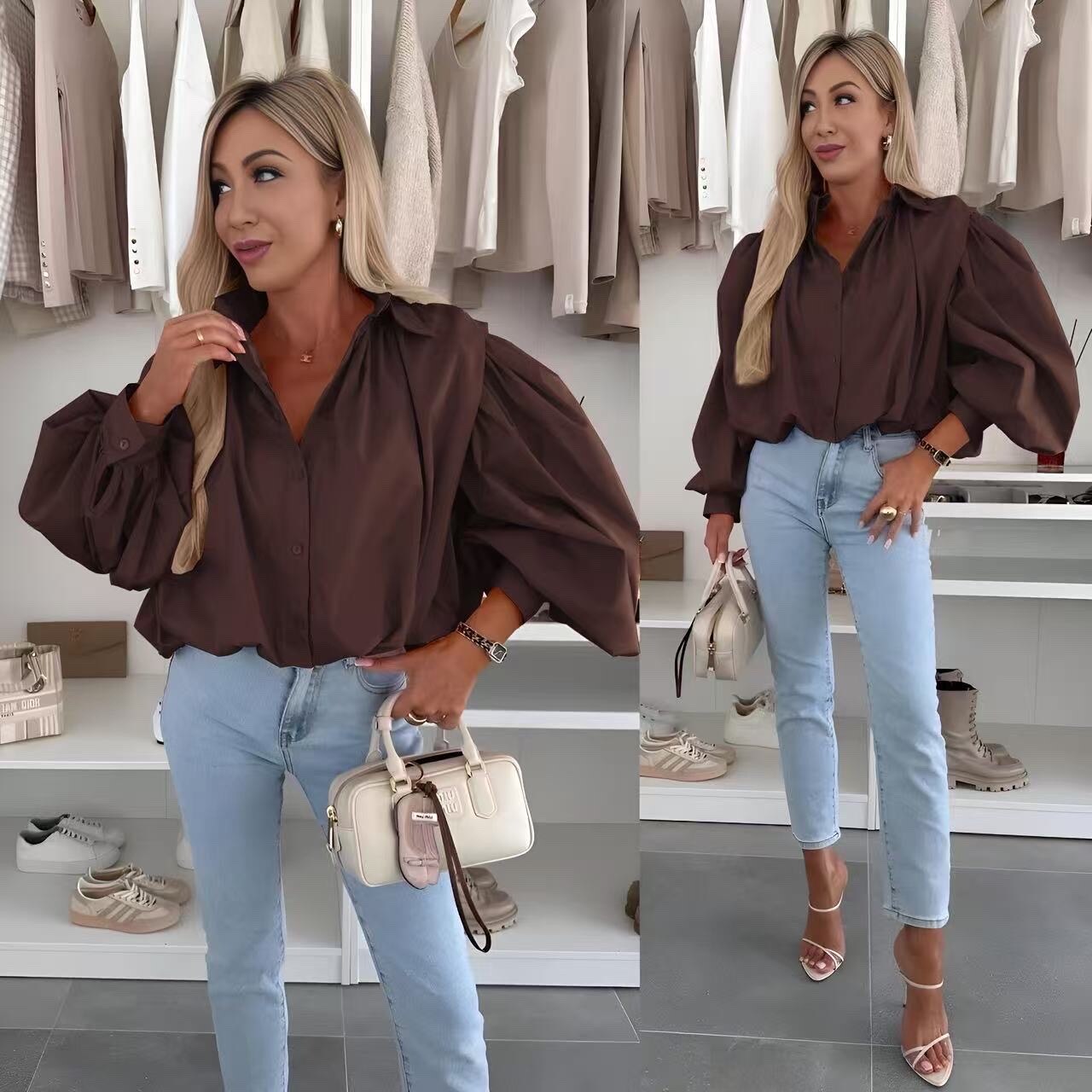 Cotton poplin puffing sleeves shirt