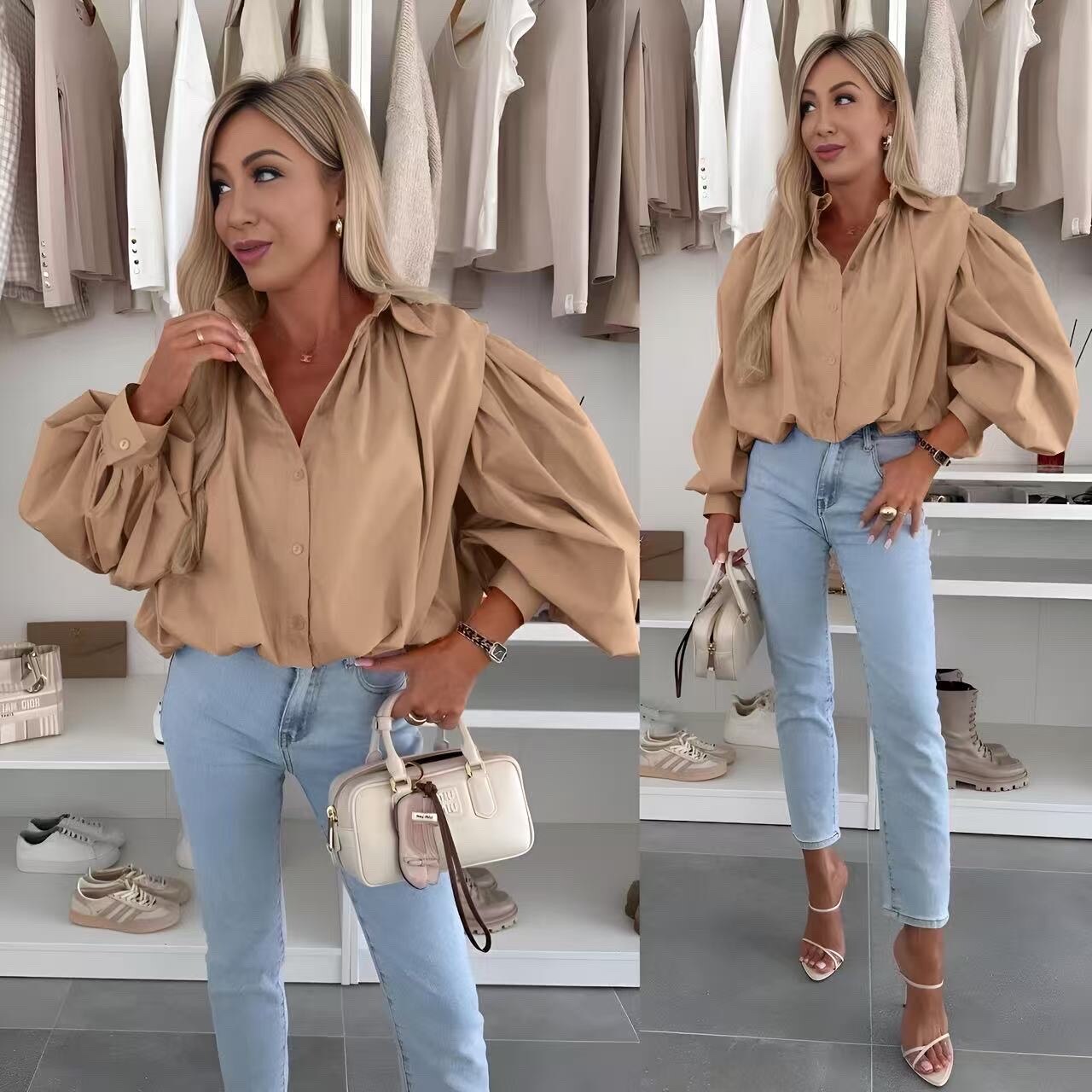 Cotton poplin puffing sleeves shirt