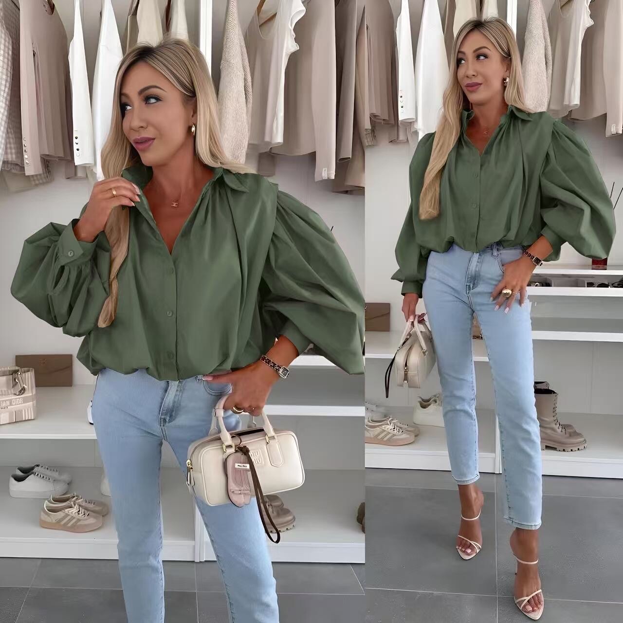 Cotton poplin puffing sleeves shirt