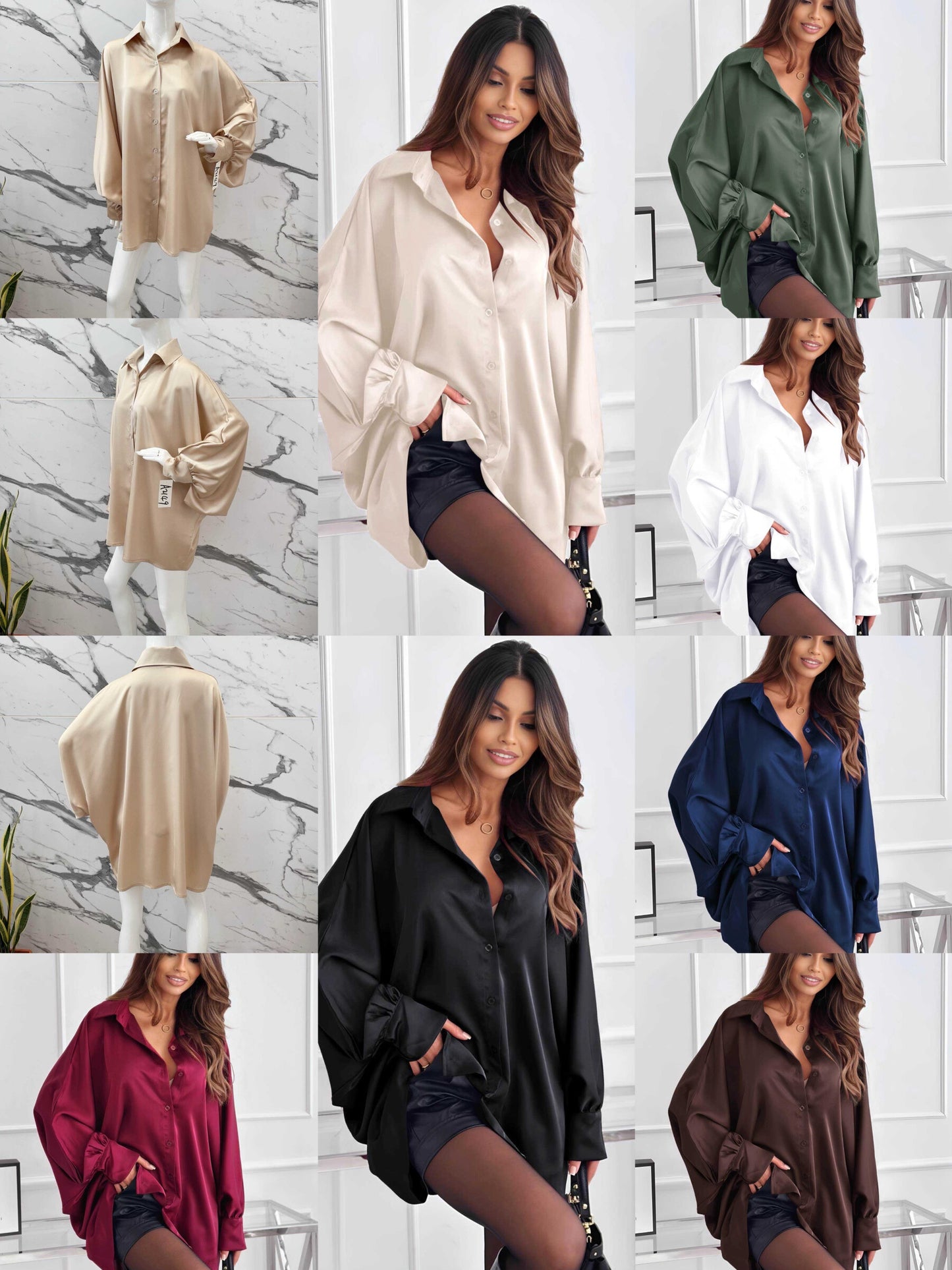 Oversized satin shirt with puff sleeves