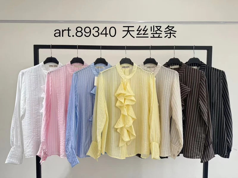 Ruffled striped tencel shirt