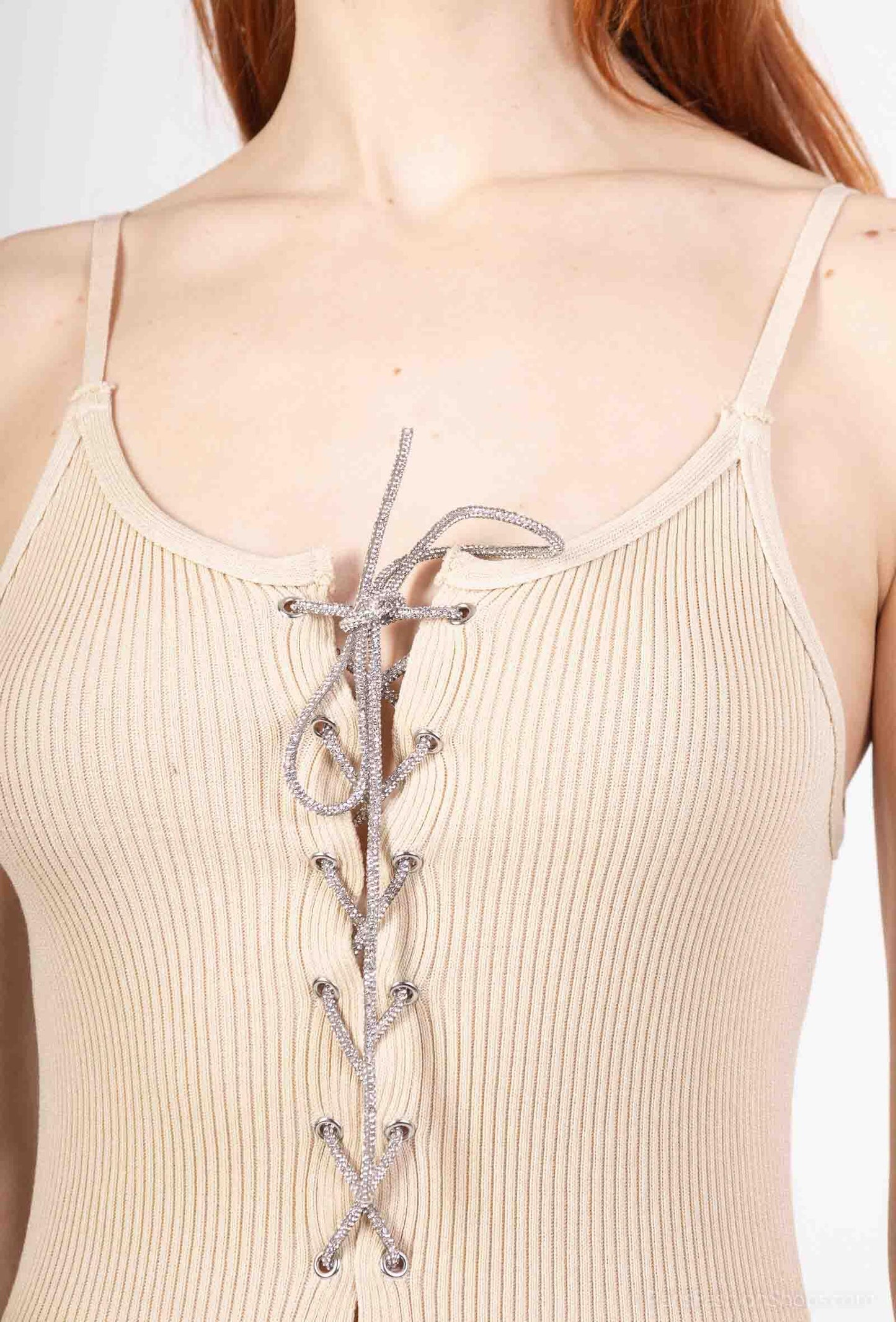 Ribbed jumpsuit with straps and rhinestone lacing