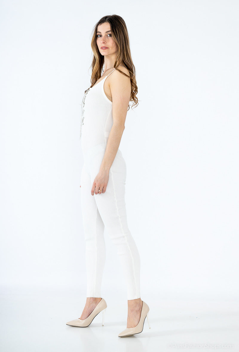 Ribbed jumpsuit with straps and rhinestone lacing