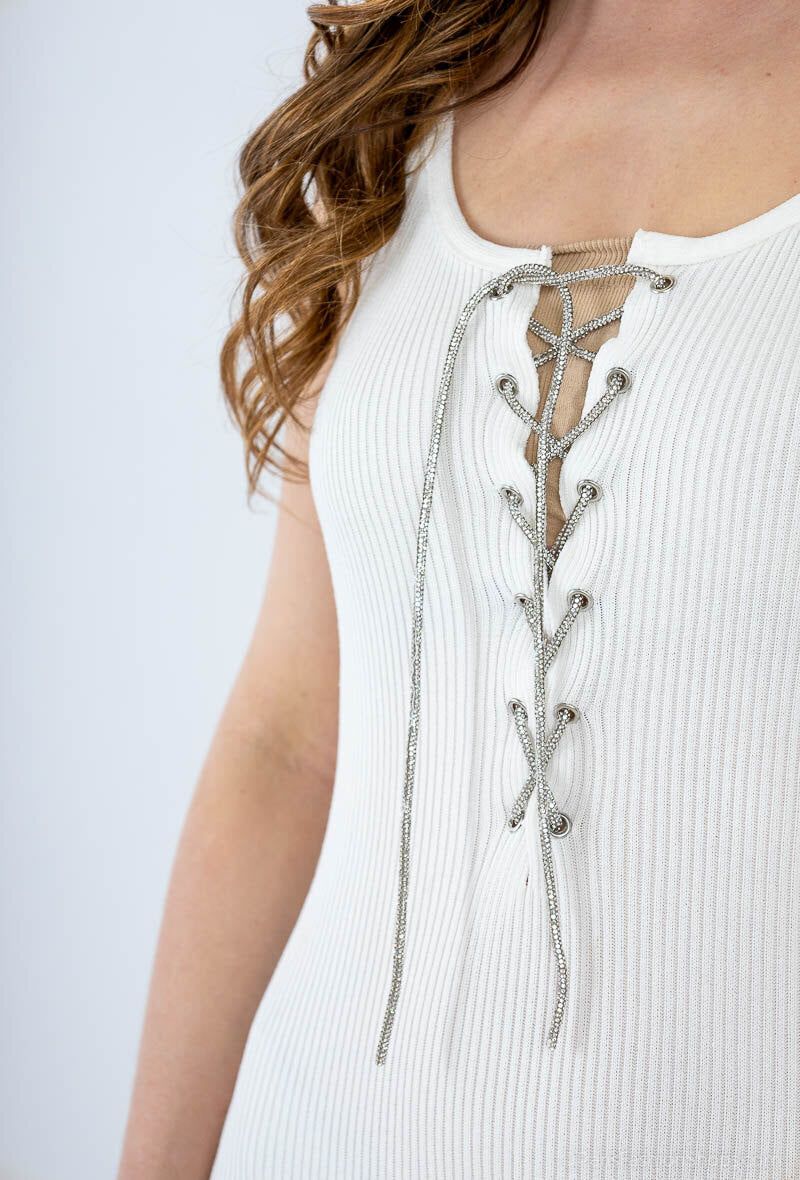 Ribbed jumpsuit with straps and rhinestone lacing