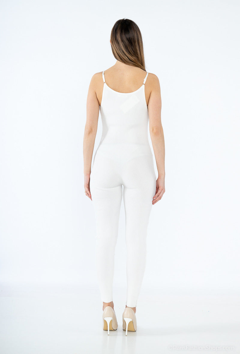 Ribbed jumpsuit with straps and rhinestone lacing