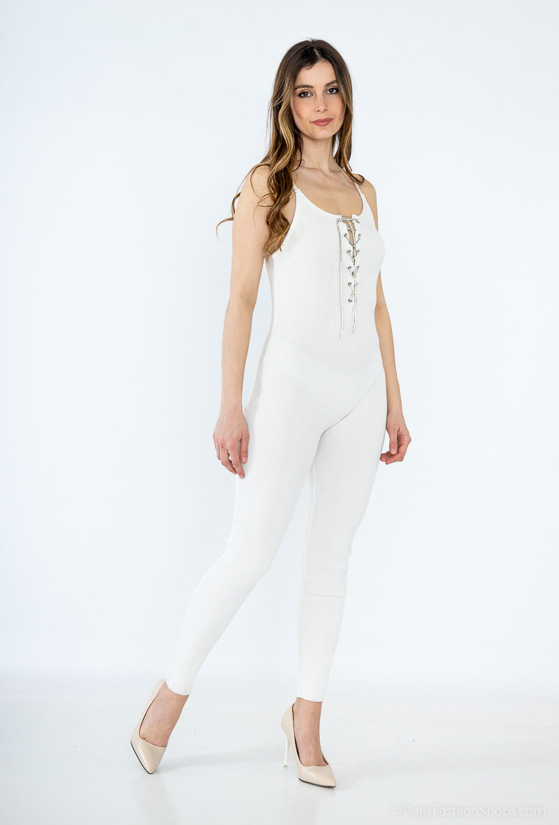 Ribbed jumpsuit with straps and rhinestone lacing