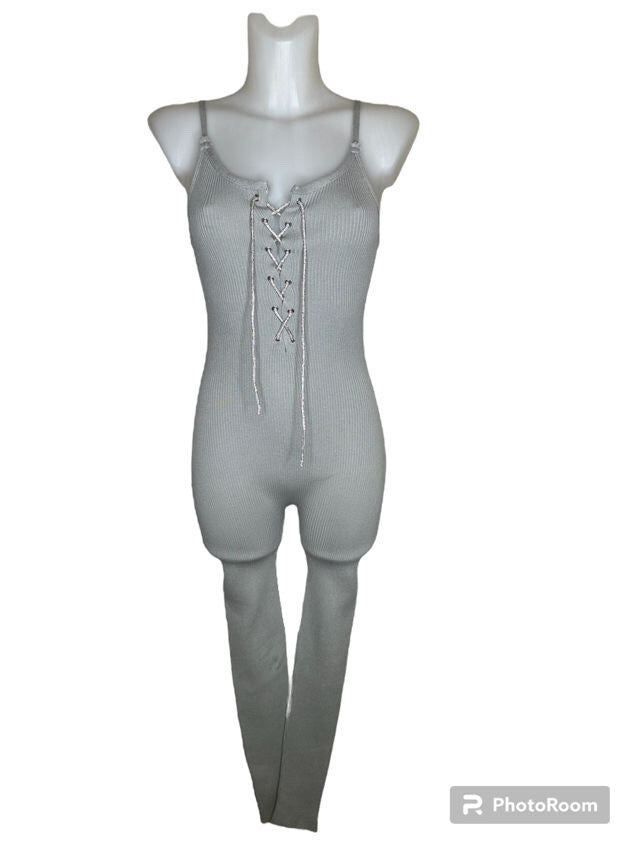 Ribbed jumpsuit with straps and rhinestone lacing