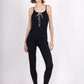 Ribbed jumpsuit with straps and rhinestone lacing