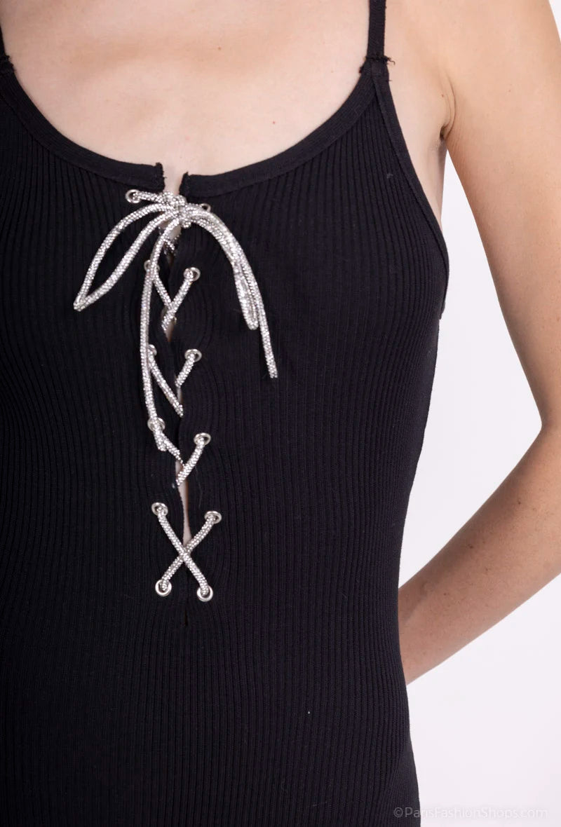 Ribbed jumpsuit with straps and rhinestone lacing