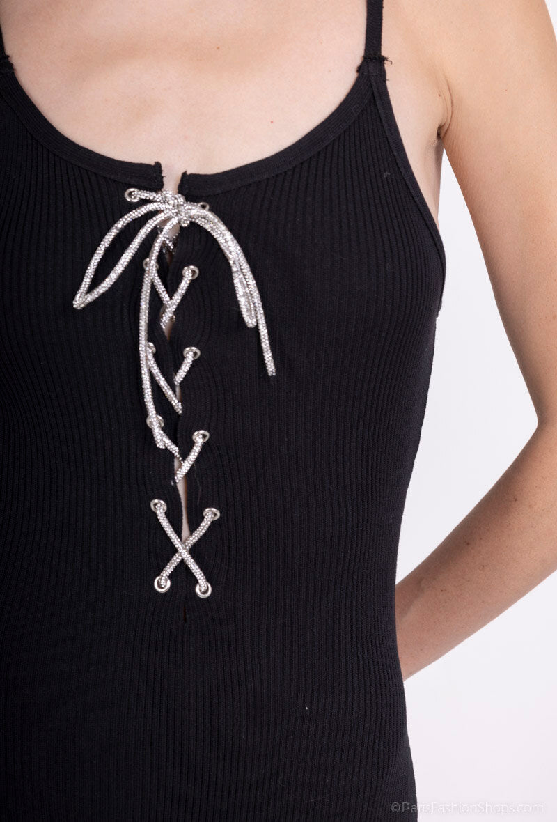 Ribbed jumpsuit with straps and rhinestone lacing