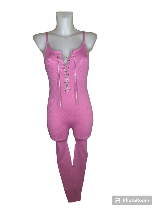 Ribbed jumpsuit with straps and rhinestone lacing