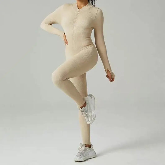 Ribbed zip-up jumpsuit with long sleeves and high collar