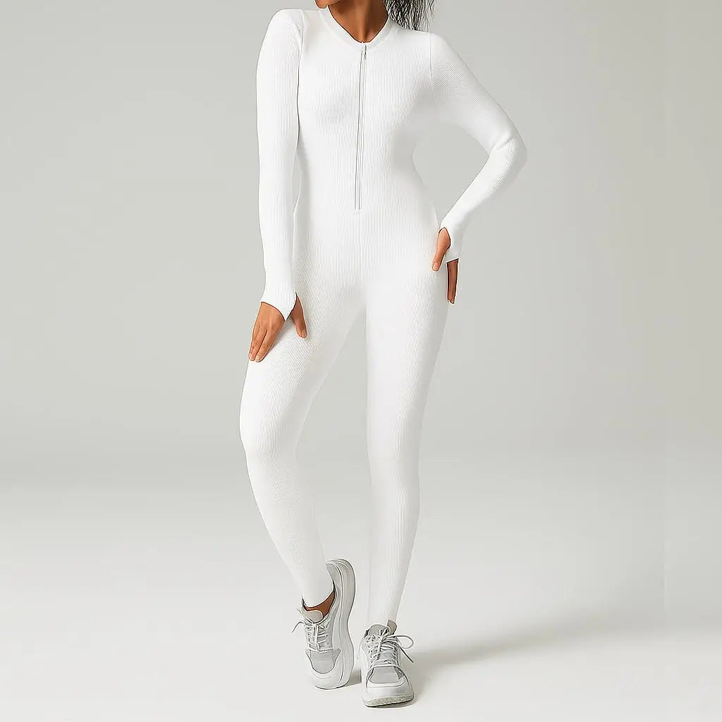 Ribbed zip-up jumpsuit with long sleeves and high collar