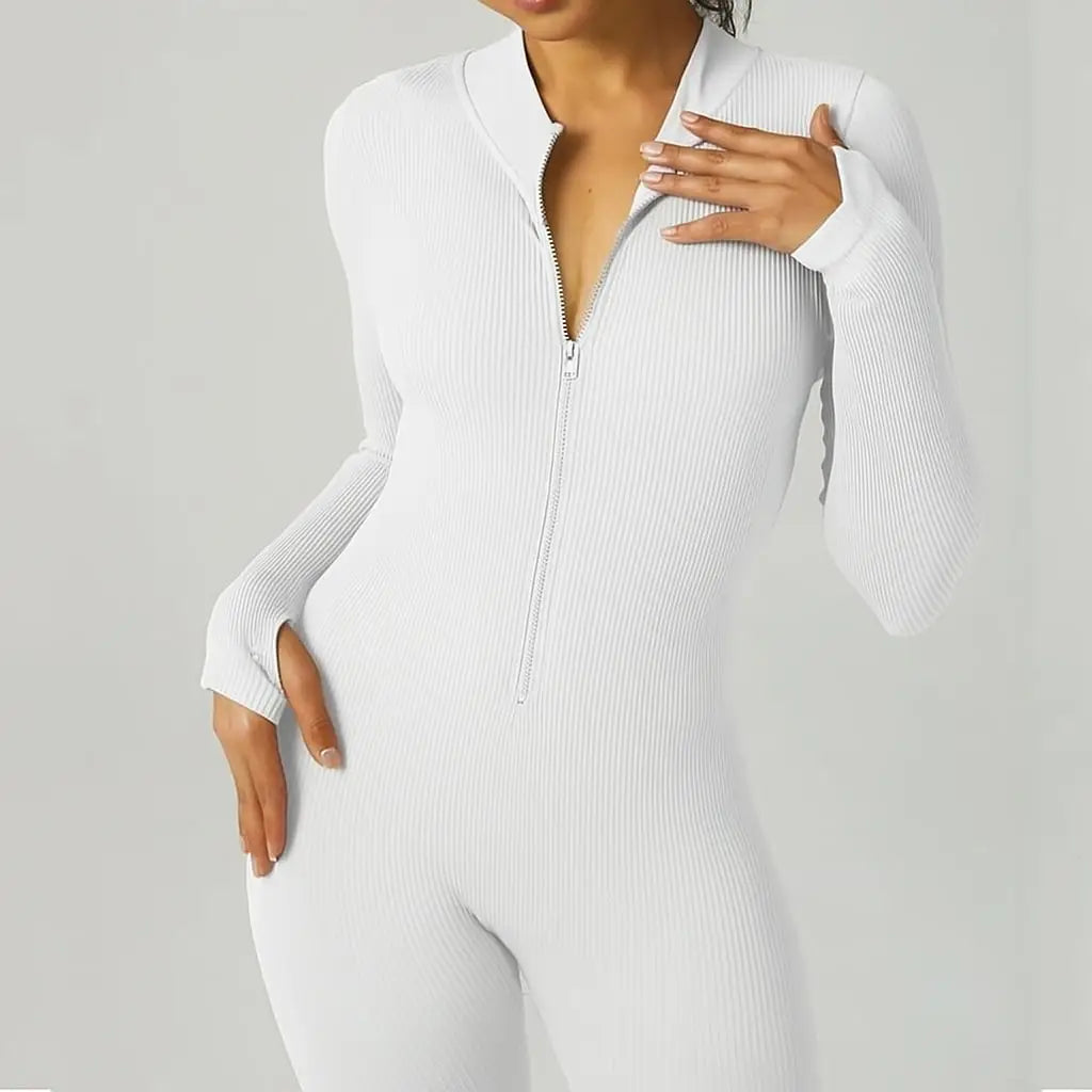 Ribbed zip-up jumpsuit with long sleeves and high collar