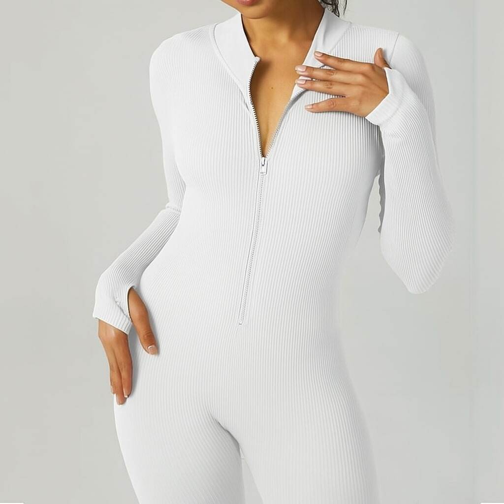 Ribbed zip-up jumpsuit with long sleeves and high collar