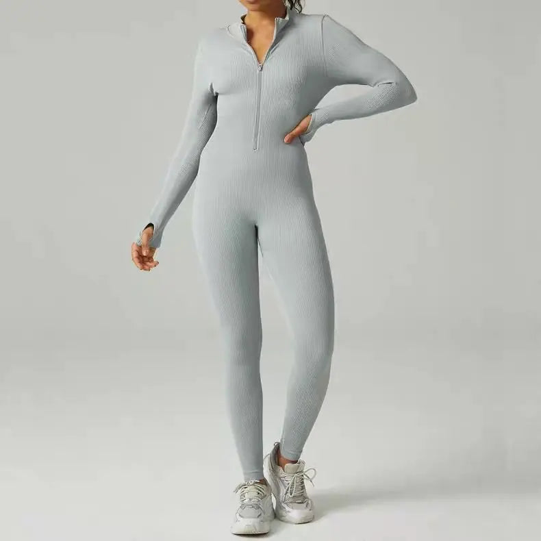 Ribbed zip-up jumpsuit with long sleeves and high collar