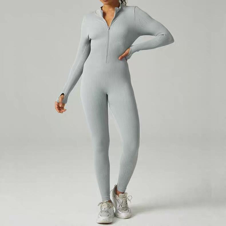 Ribbed zip-up jumpsuit with long sleeves and high collar