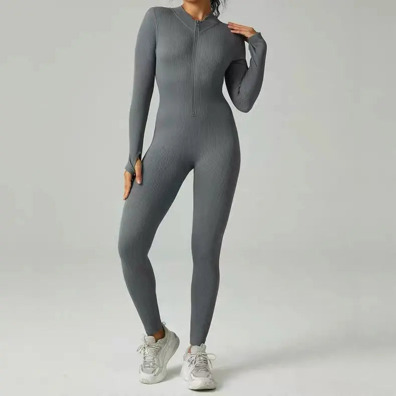 Ribbed zip-up jumpsuit with long sleeves and high collar