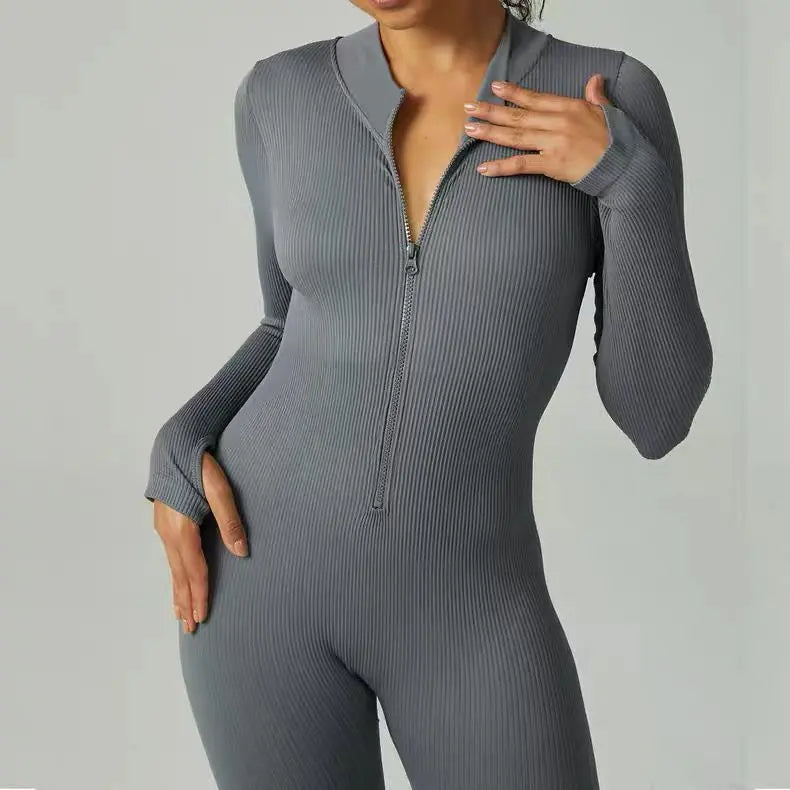 Ribbed zip-up jumpsuit with long sleeves and high collar