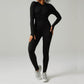 Ribbed zip-up jumpsuit with long sleeves and high collar