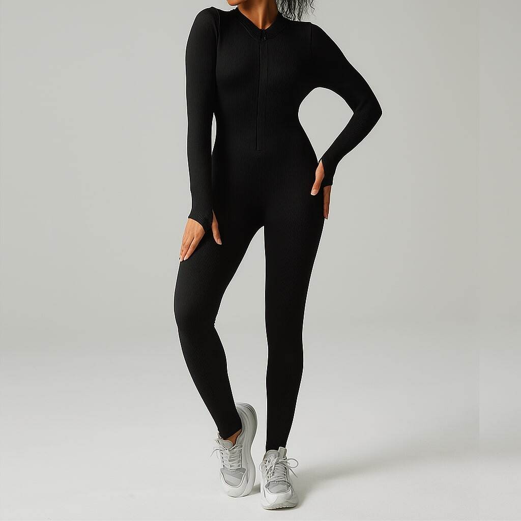 Ribbed zip-up jumpsuit with long sleeves and high collar