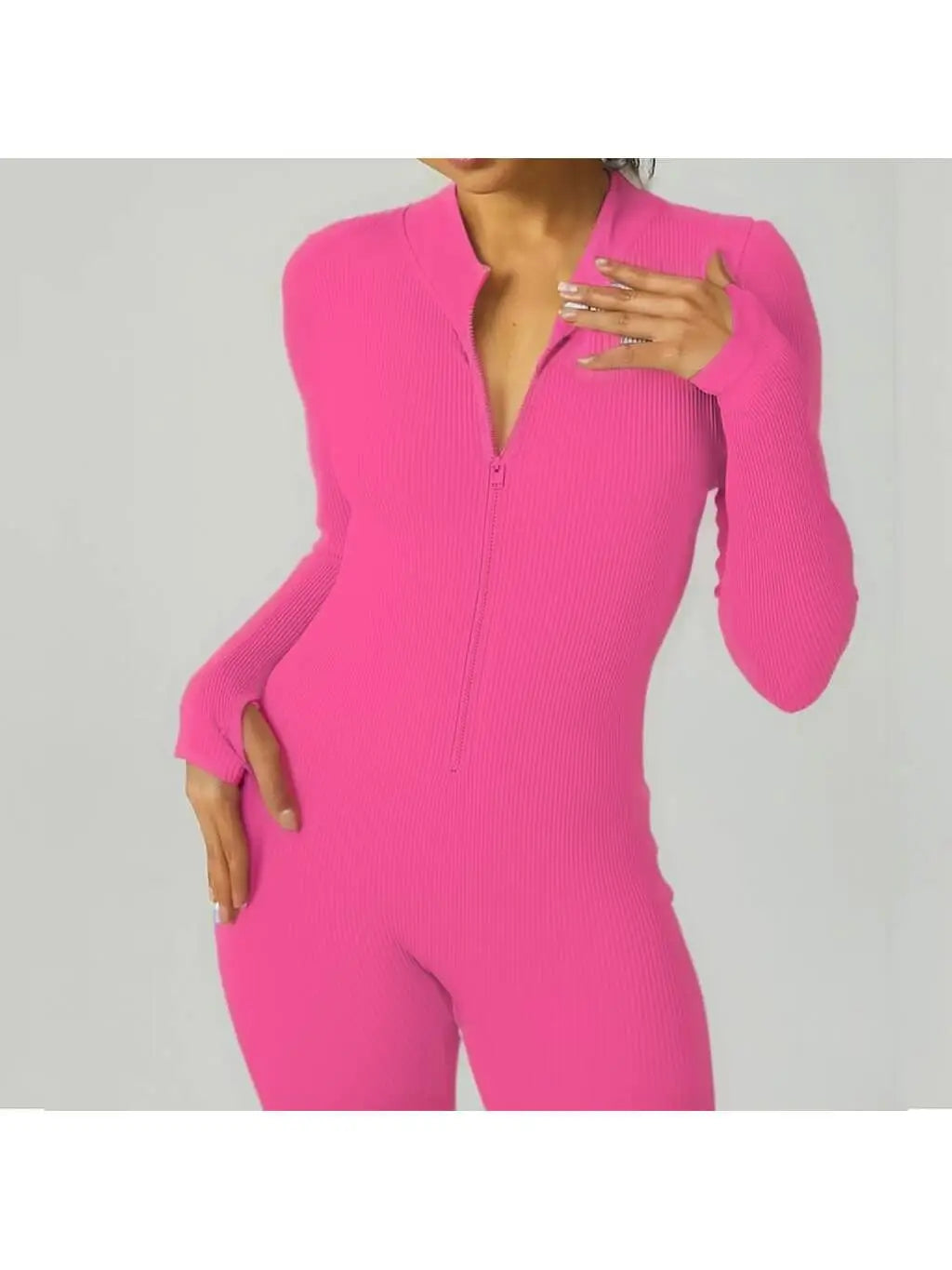 Ribbed zip-up jumpsuit with long sleeves and high collar