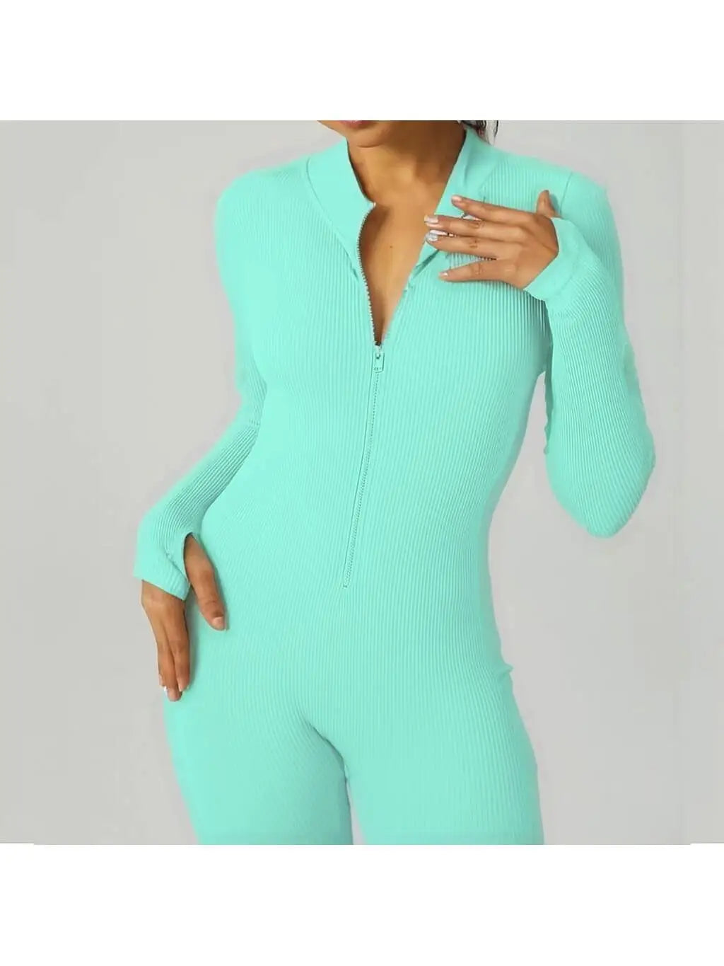 Ribbed zip-up jumpsuit with long sleeves and high collar