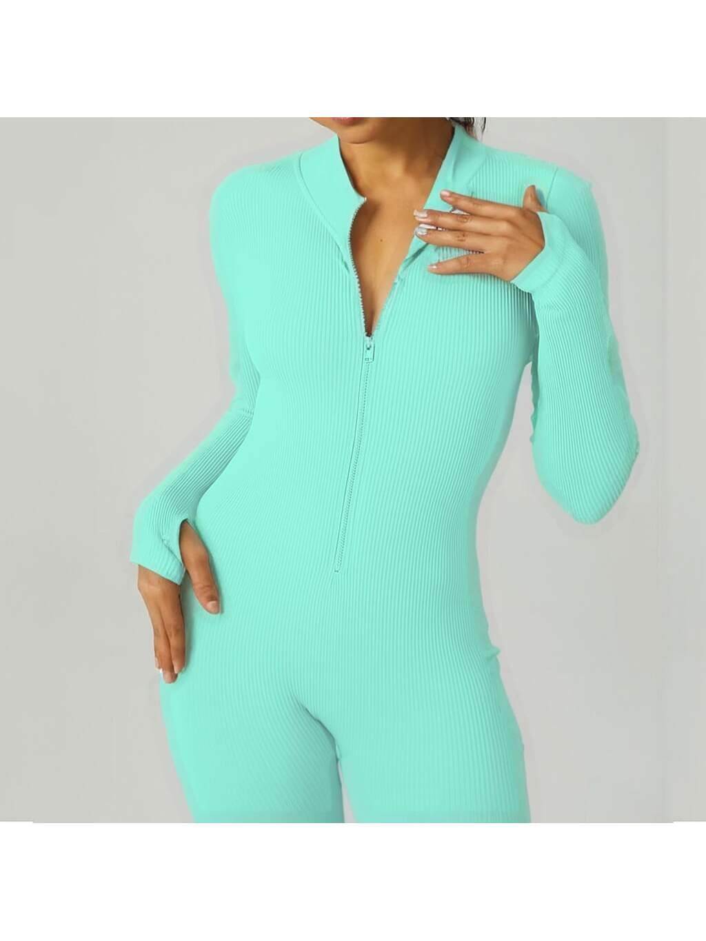Ribbed zip-up jumpsuit with long sleeves and high collar