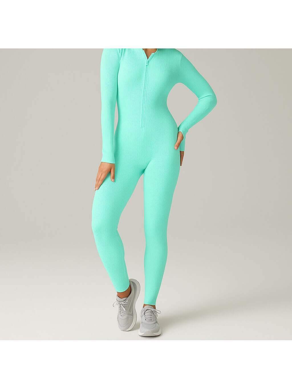 Ribbed zip-up jumpsuit with long sleeves and high collar