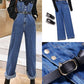 Two-tone denim jumpsuit with integrated blouse effect and belt