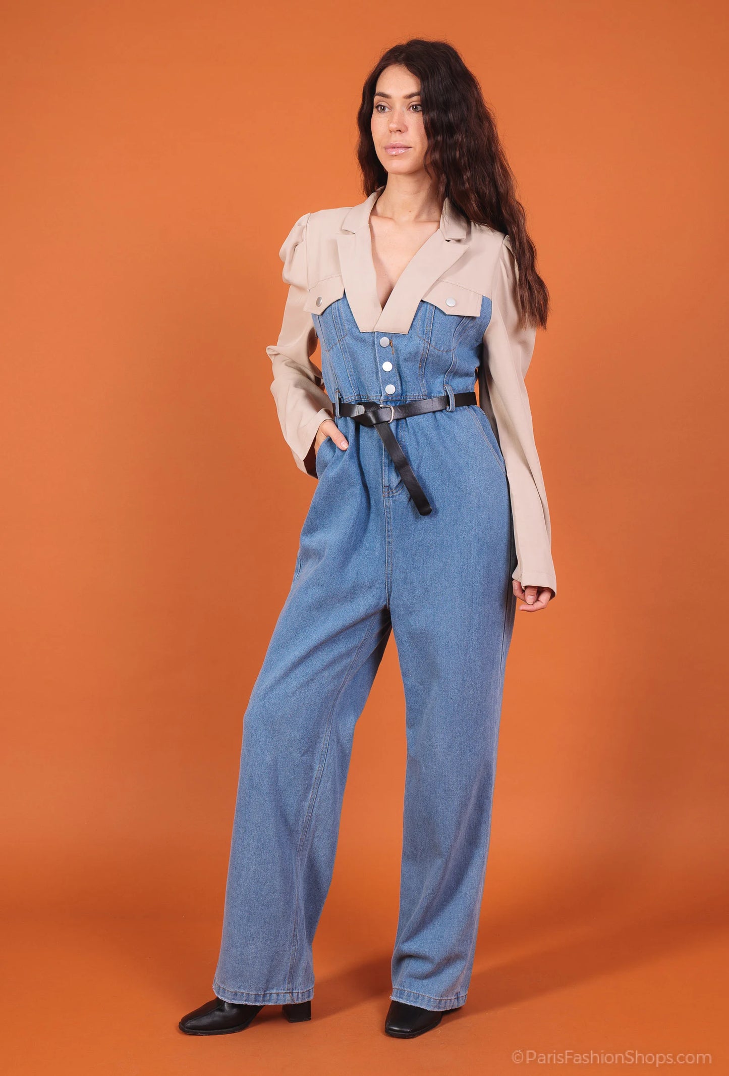 Two-tone denim jumpsuit with integrated blouse effect and belt