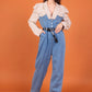 Two-tone denim jumpsuit with integrated blouse effect and belt
