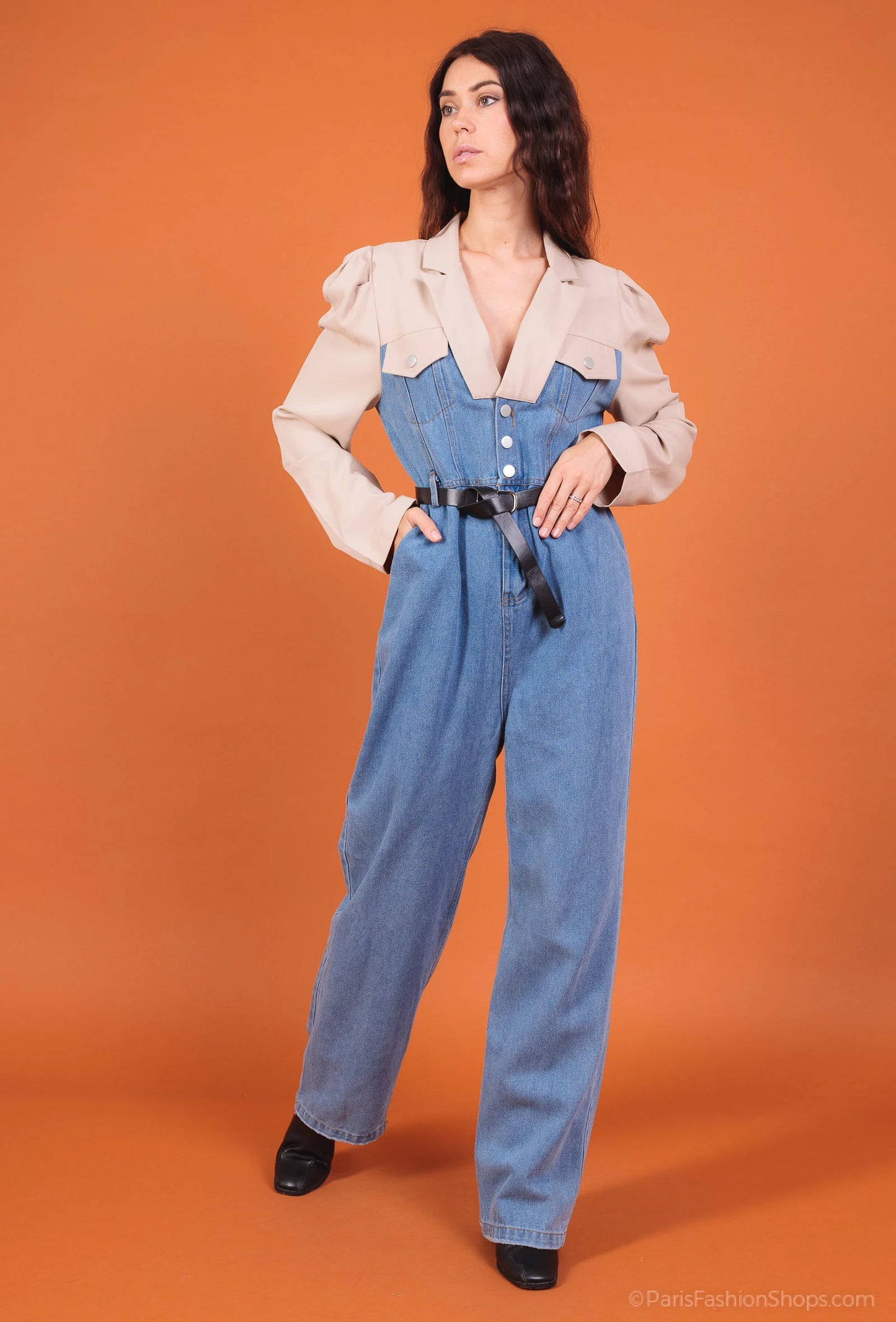 Two-tone denim jumpsuit with integrated blouse effect and belt