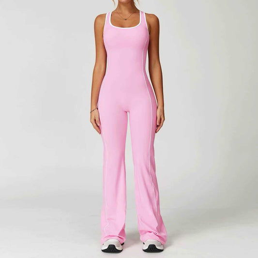 Flared Open Back Jumpsuit with Push-up Butt – Contrast Details