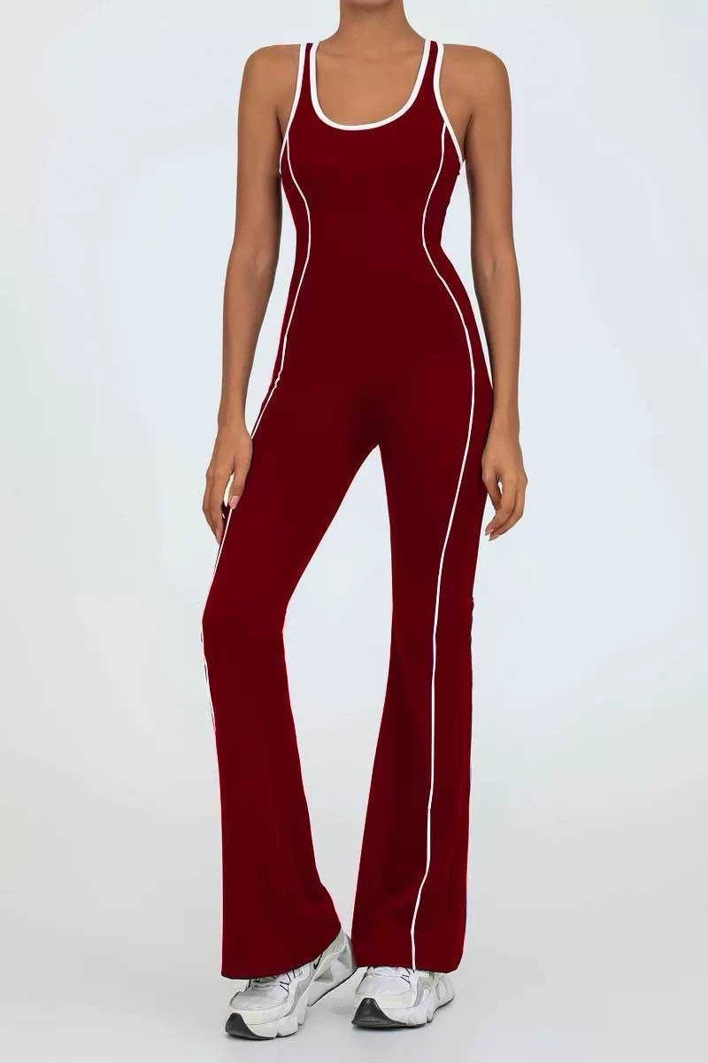 Flared Open Back Jumpsuit with Push-up Butt – Contrast Details