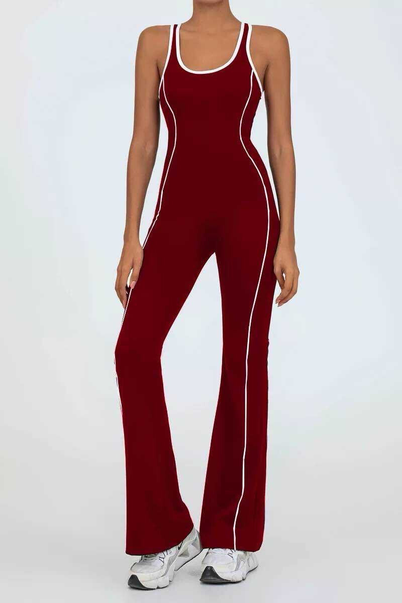 Flared Open Back Jumpsuit with Push-up Butt – Contrast Details