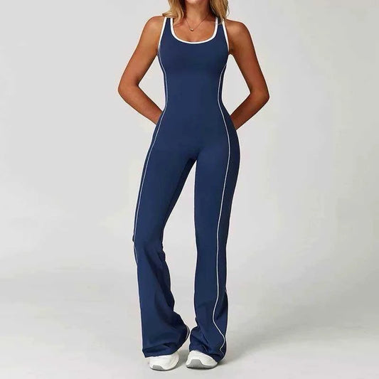 Flared Open Back Jumpsuit with Push-up Butt – Contrast Details