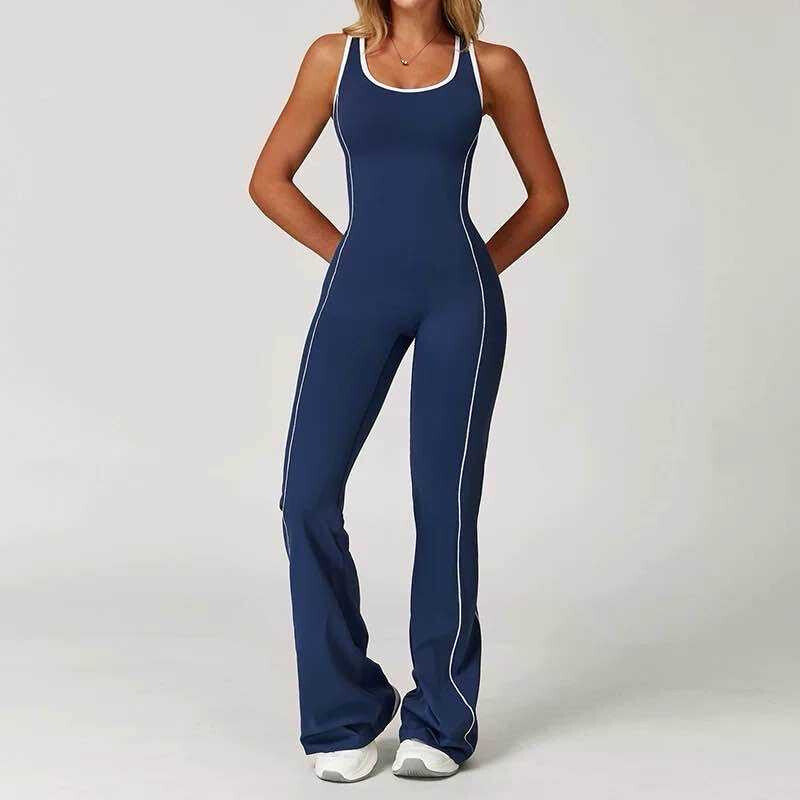 Flared Open Back Jumpsuit with Push-up Butt – Contrast Details