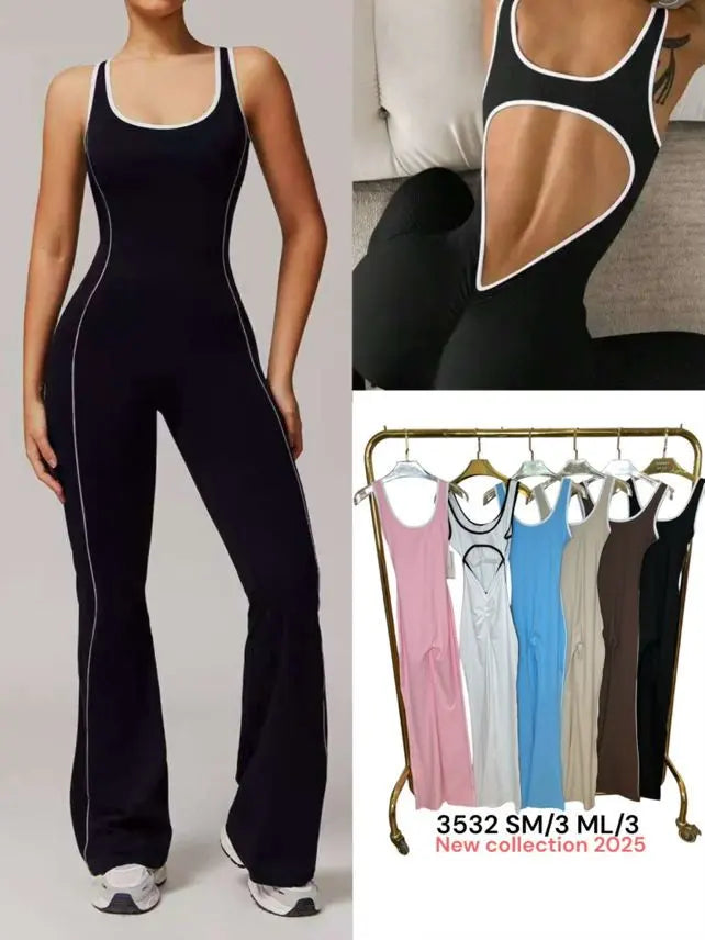 Flared Open Back Jumpsuit with Push-up Butt – Contrast Details
