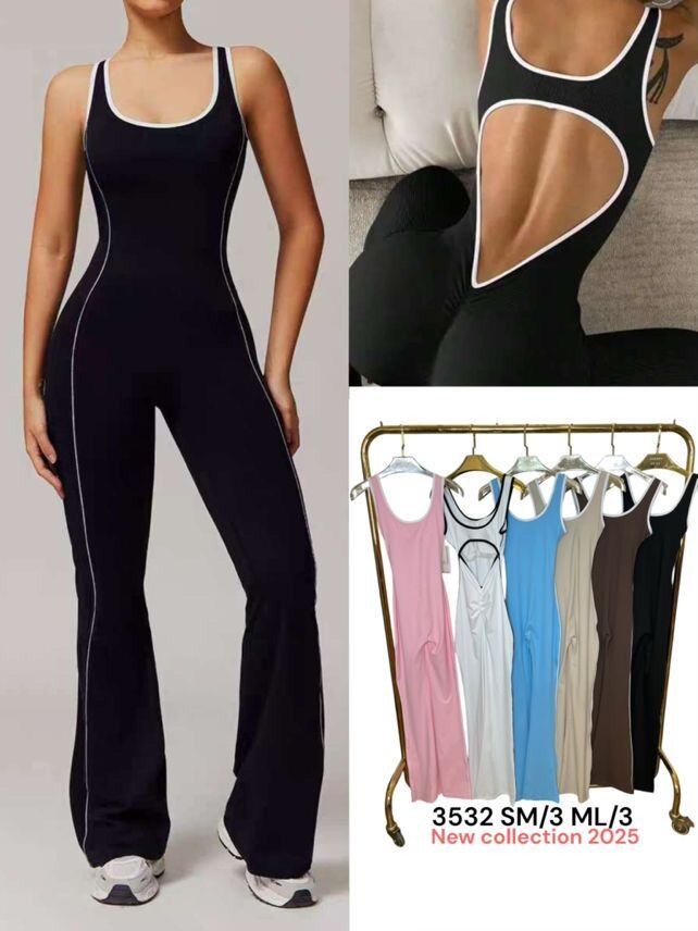 Flared Open Back Jumpsuit with Push-up Butt – Contrast Details