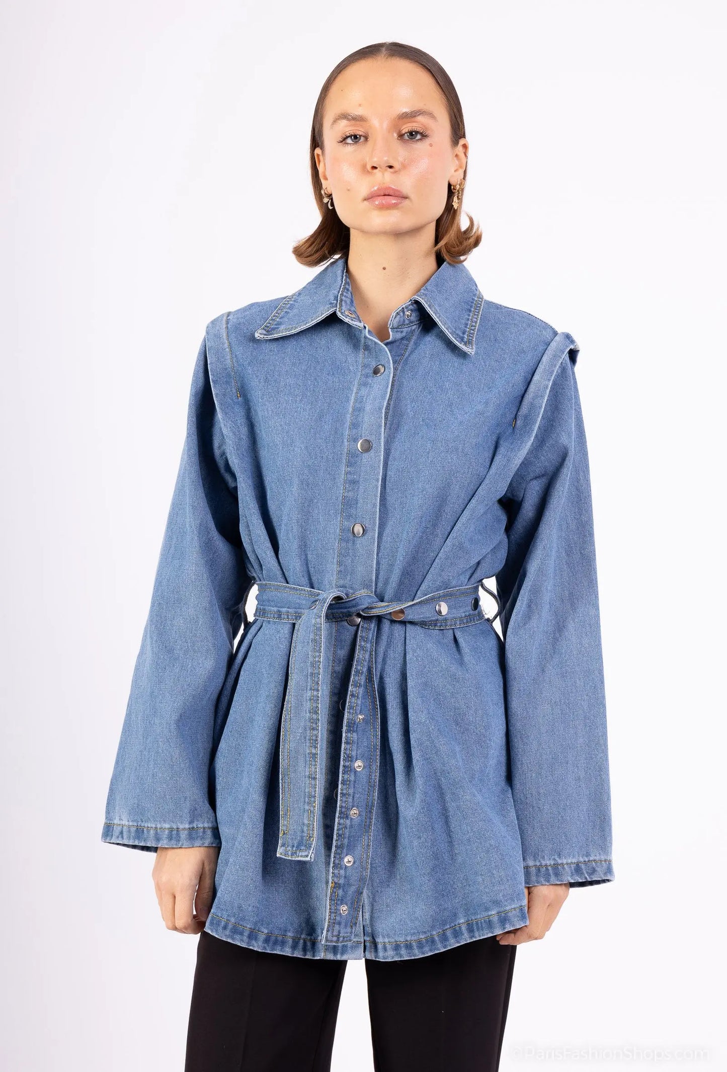 DENVER – Denim set with belted shirt and wide-leg pants