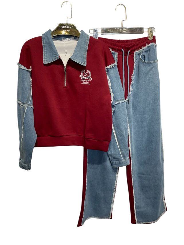 Casual 2-piece set – Embroidered zip-up sweatshirt with shirt collar + jogger pants with frayed denim patches