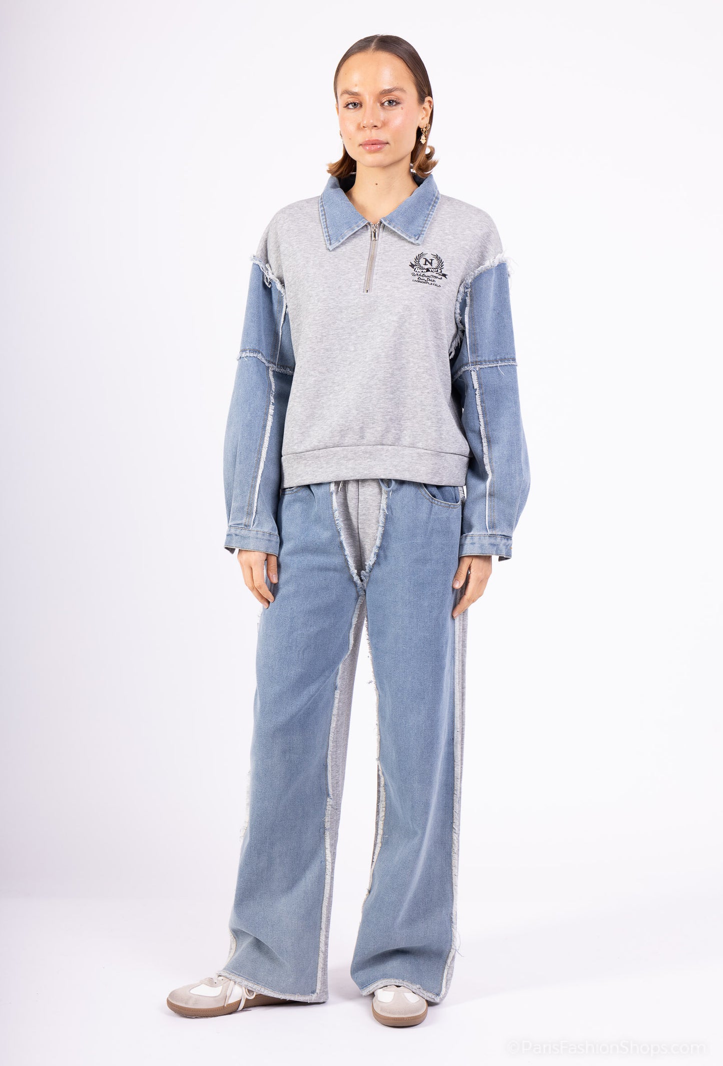 Casual 2-piece set – Embroidered zip-up sweatshirt with shirt collar + jogger pants with frayed denim patches
