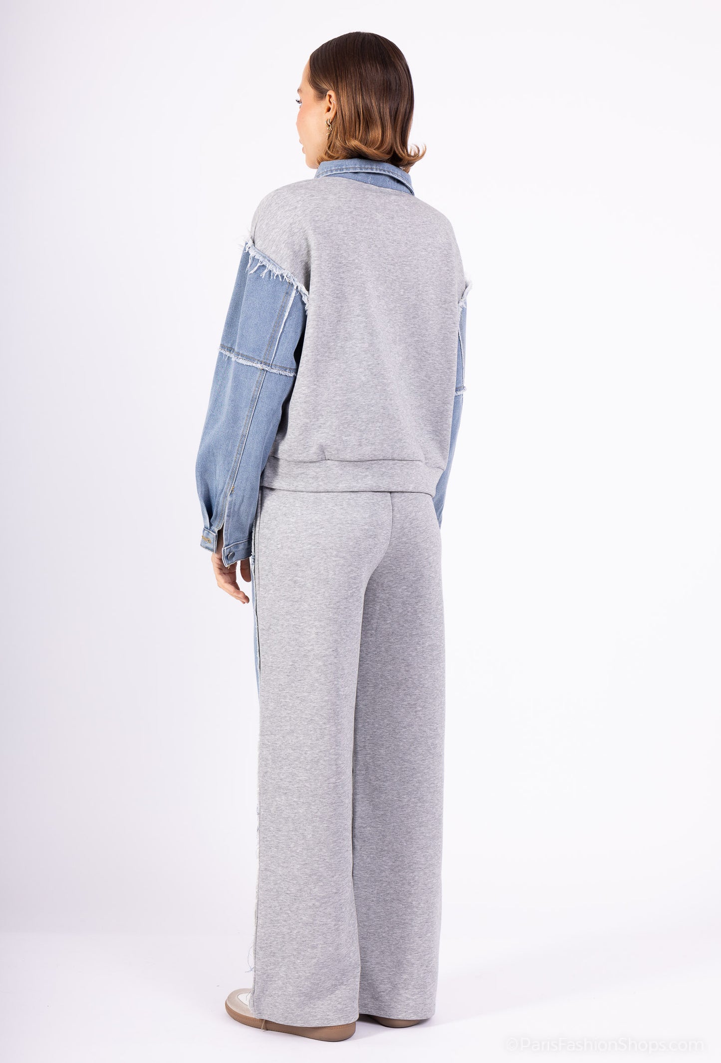 Casual 2-piece set – Embroidered zip-up sweatshirt with shirt collar + jogger pants with frayed denim patches