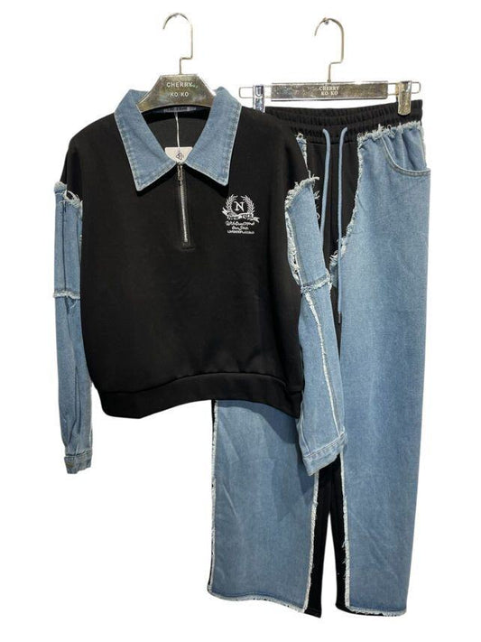 Casual 2-piece set – Embroidered zip-up sweatshirt with shirt collar + jogger pants with frayed denim patches