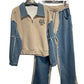 Casual 2-piece set – Embroidered zip-up sweatshirt with shirt collar + jogger pants with frayed denim patches