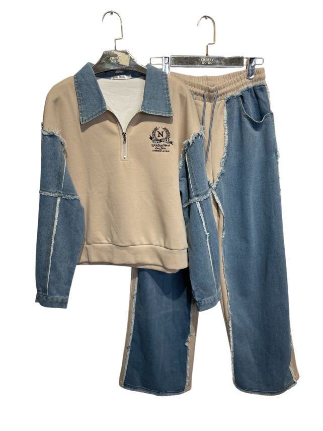 Casual 2-piece set – Embroidered zip-up sweatshirt with shirt collar + jogger pants with frayed denim patches