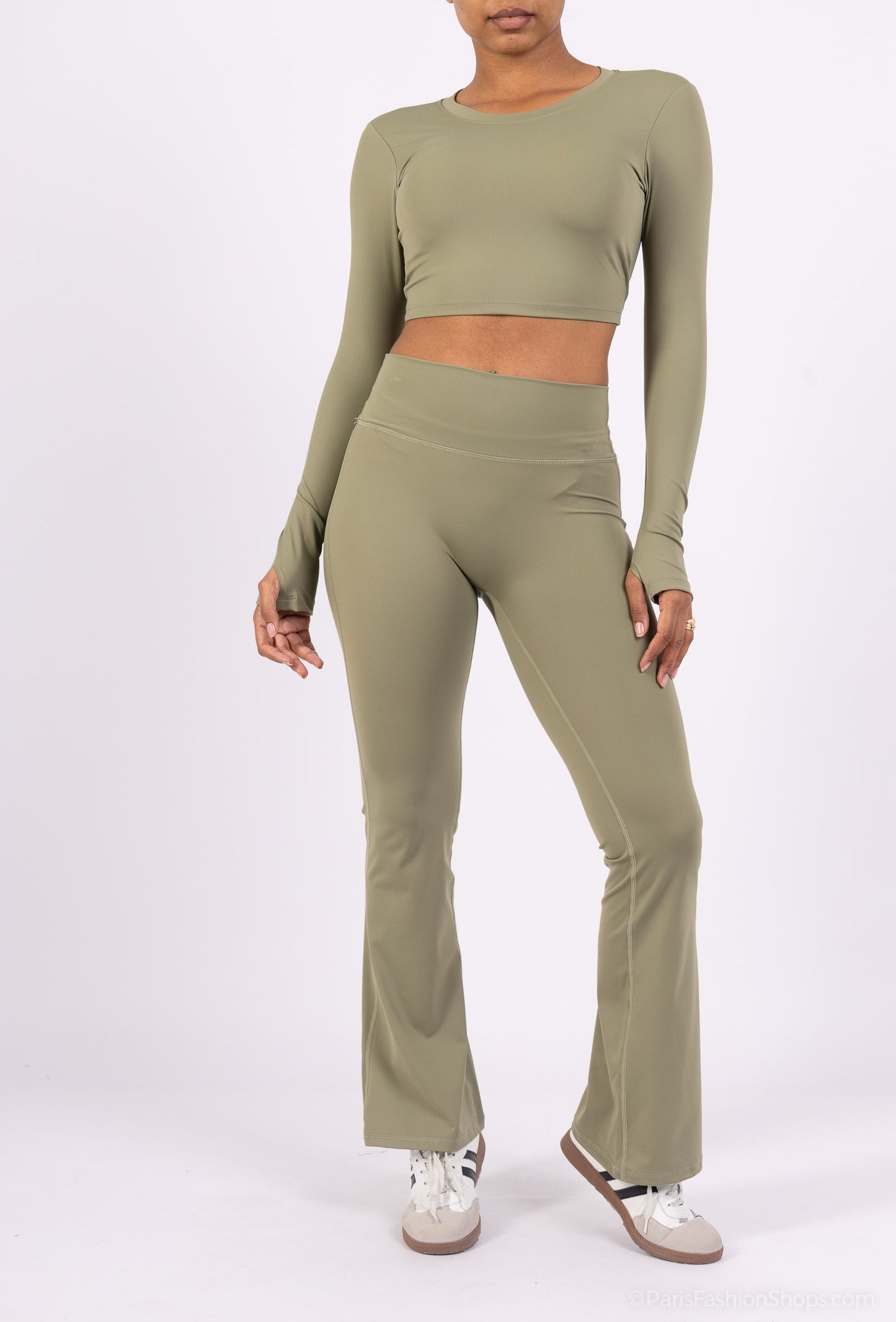 Long sleeve lace-up back top and flared pants set, sporty chic style